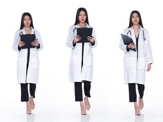 Doctor Female stands holding files and turns 360 around full length