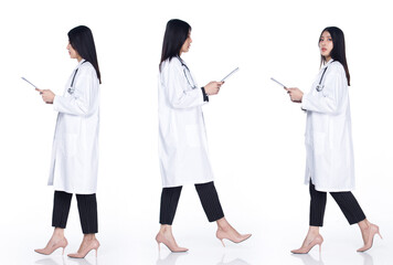 Fototapeta premium Doctor Female stands holding files and turns walk full length