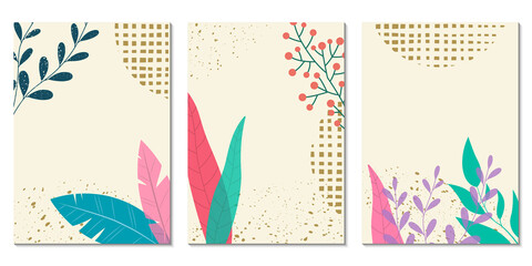 Obraz premium Abstract background set with floral elements and geometric shapes. Modern graphic design with leaves. Spring and summer poster, card, cover or banner template. Vector illustration.