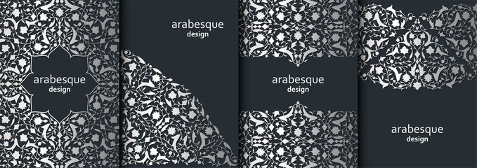 Set of vertical arabesque floral banners. Branches with flowers, leaves and petals © klerik78