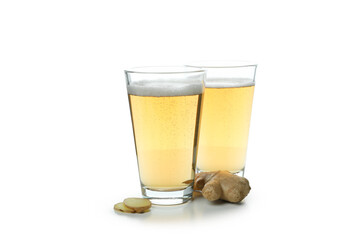 Glasses of ginger beer isolated on white