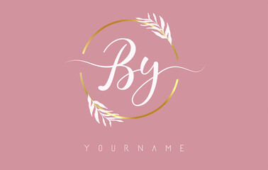 BY b y Letters logo design with golden circle and white leaves on branches around. Vector Illustration with B and Y letters. - obrazy, fototapety, plakaty