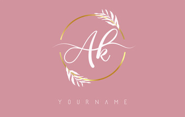 AK a k Letters logo design with golden circle and white leaves on branches around. Vector Illustration with A and K letters.