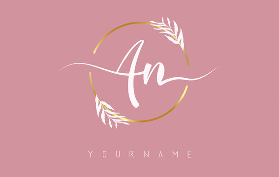 AN a n Letters logo design with golden circle and white leaves on branches around. Vector Illustration with A and K letters.