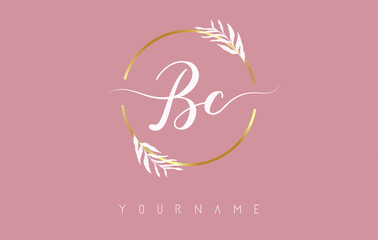 BC b c Letters logo design with golden circle and white leaves on branches around. Vector Illustration with B and C letters.