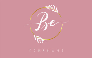 BE b e Letters logo design with golden circle and white leaves on branches around. Vector Illustration with B and e letters.