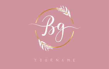 BG b g Letters logo design with golden circle and white leaves on branches around. Vector Illustration with B and G letters.