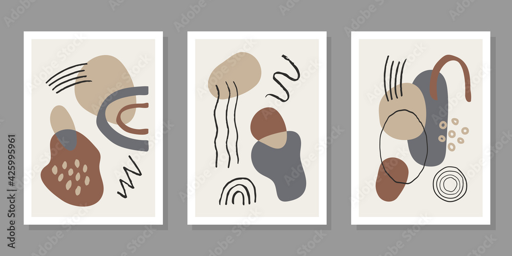Poster modern vector set of abstract backgrounds with colorful organic shapes, stains and line. minimalisti