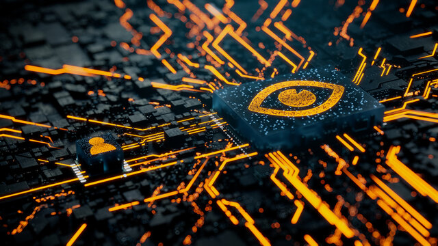 Vision Technology Concept with eye symbol on a Microchip. Orange Neon Data flows between the CPU and the User across a Futuristic Motherboard. 3D render.