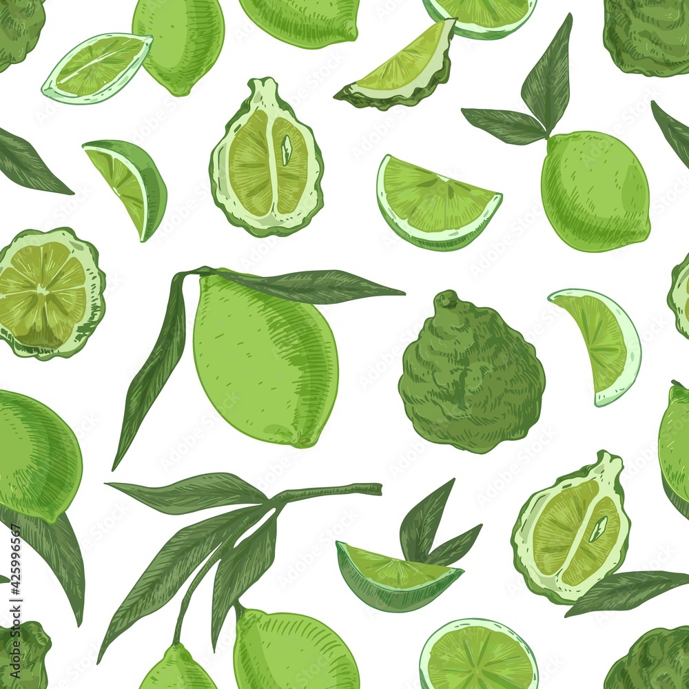 Poster Seamless pattern with tropical limes and bergamots on white background. Endless repeatable texture with realistic green citrus fruits. Hand-drawn colored vector illustration for printing