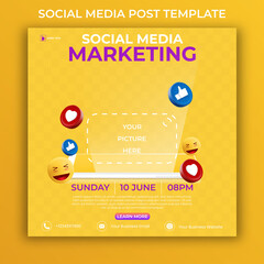 editable social media post template. 3D marketing banner ads with icon social media and realistic smartphone.