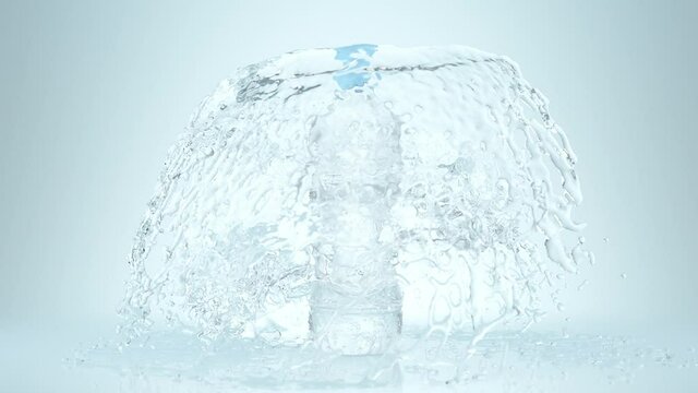 Pure Water Flow to Drinking Bottle on White Background and Splash. Swirling Clear Aqua and Droplet on Plastic Bottle. Beautiful Abstract Purity Water Spray Wave. Close-up Cool Drink Splashing Swirl