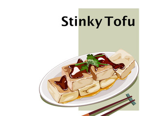 Isolated Stinky tofu, The Chinese form of fermented tofu that has a strong odor in a dish. Close up asian food vector illustration on white background. 