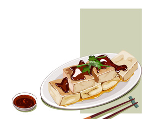 Isolated Stinky tofu with sauce, The Chinese form of fermented tofu that has a strong odor in a dish. Close up asian food vector illustration on white background. 