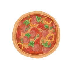 Full broccoli and salami pizza with pepper, jalapeno, rosemary and tomato sauce. Top view of tasty Italian food with sausages and vegetables. Colored realistic hand-drawn vector illustration