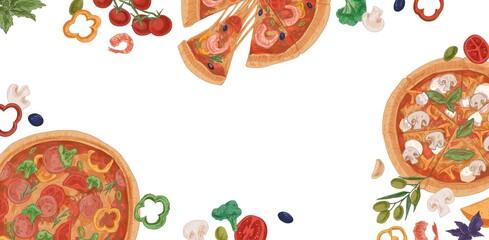 Ad banner for pizzeria with realistic pizza slices, ingredients and place for text on white background. Promotion template for Italian food restaurant or cafe. Colored hand-drawn vector illustration