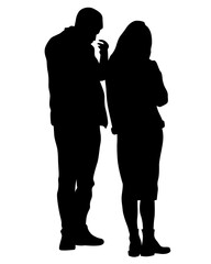 Young man and woman walking down the street. Isolated silhouette on a white background