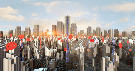 Chat Speaking Signs Flying Over The Smart City Aerial. Social Media. Technology And Social Media Related 3D Illustration Render