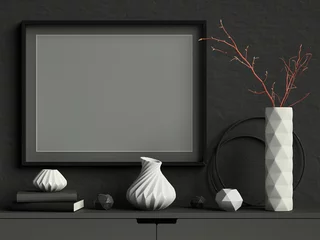 Fototapete Grau Schwarzer Mock-up-Posterrahmen an dunkler Gipswand mit weißer Keramikvase mit Ästen, Büchern und geometrischen Töpfen  Landschaftsorientierung  stilvoller Rahmenspott herauf Hintergrund  3D-Rendering, 3D-Darstellung  © Dragan