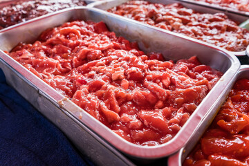 Raw pork with marinated sauce for sale in the market