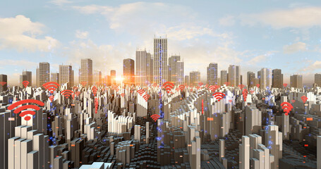 Wireless Internet Symbols Flying Over The Smart City Aerial. Technology And Social Media Related 3D Illustration Render