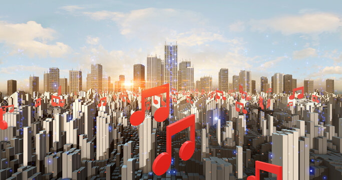 Musical Note Symbols Flying Over The Developed City Aerial. Technology And Music Related 3D Illustration Render
