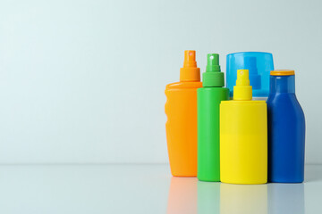 Blank bottles of sunscreen on white background