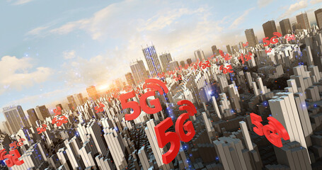 5G Symbols Flying Over The Metropolitan Smart City Aerial. Technology And Telecommunication Related 3D Illustration Render