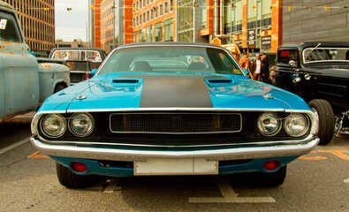 American clasical muscle car 1970. Front view.