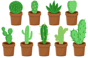 Cacti in pots set. Houseplants. Interior design and elements