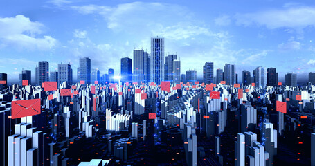 Email Symbols Flying Over The Futuristic Smart City Aerial. Technology And Social Media Related 3D Illustration Render