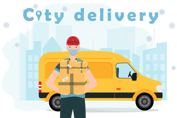 A delivery man holding boxes in his arms, safe delivery service concept, flat vector illustration