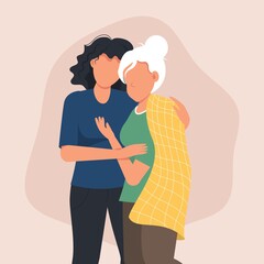 Woman hugging her mother. Family love. Mothers Day greeting card. Mom and daughter hug together. Happy characters lifestyle. Family relationship concept. Vector illustration.