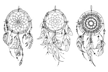 Dreamcatcher hippie decoration tattoo vector line. Boho style, beads and feathers. - obrazy, fototapety, plakaty