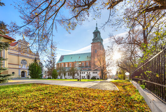 Autumn in Gniezno, Poland. View of Cathedral Basilica of the Assumption of the Blessed Virgin Mary