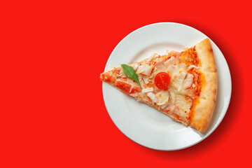 Slice of pizza on a white plate on a red background, space for text, top view