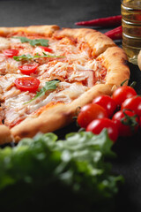 Cooking pizza. Ingredients and spices for making homemade pizza. Top view with copy space. Pizza on table composition. .