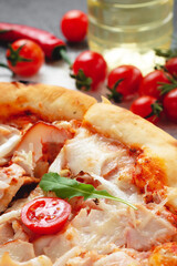 Cooking pizza. Ingredients and spices for making homemade pizza. Top view with copy space. Pizza on table composition. .