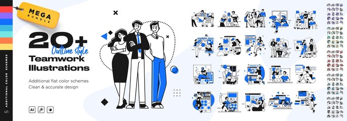 Business Teamwork illustrations. Mega set. Collection of scenes with men and women taking part in business activities. Trendy style - obrazy, fototapety, plakaty