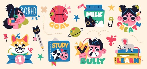 Back to school collection of characters and elements. Vector