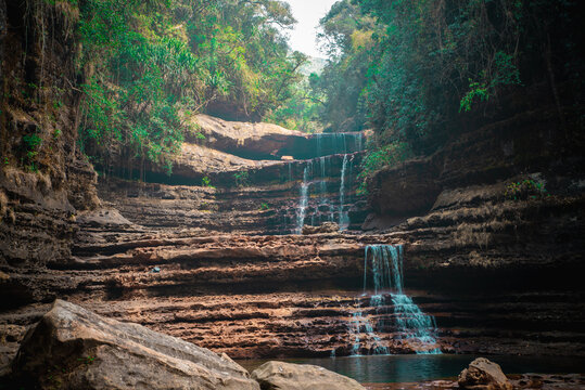 The majestic Wei Sawdong waterfalls in Meghalaya during summer. A 3 tier waterfall.
