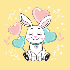 Cute cartoon summer rabbit with balloons. Birthday card. Vector illustration