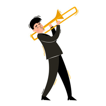 Vector european musician in black with trombone isolated on white.