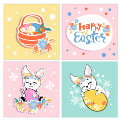 Happy easter vector illustration with bunnies, basket, easter eggs collection. Spring cards