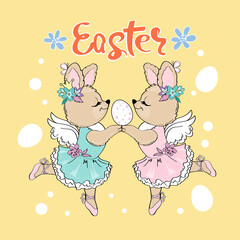 Two cute Easter bunnies and the inscription Happy Easter on a yellow background. Vector illustration greeting card