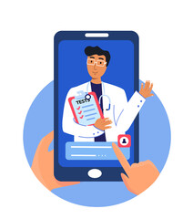 Online medicine mobile app concept. Smiling Male doctor on phone screen. Video conference with physician. Virtual Hospital healthcare service and internet telemedicine Flat vector illustration Poster