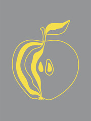 Abstract trendy modern half apple line art. Yellow apple on gray background. Poster, cover for albums and notebooks, print on a t shirt, bag, cup