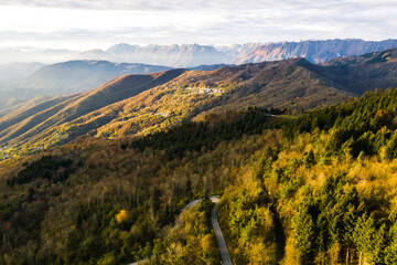 Friuli Venezia Giulia drone landscape, Prealpi Giulie mountains, Montemaggiore