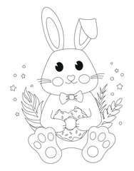 Coloring book for children and adults. Pictures in the contours. A cute bunny in the grass holds a donut in his hands. Coloring pictures for relaxation. Drawings for home printing.
