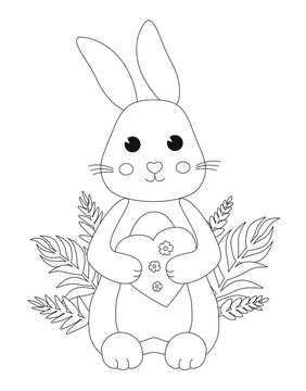 Coloring book for children and adults. Pictures in the contours. A cute bunny in the grass holds a heart. Coloring pictures for relaxation. Drawings for home printing.